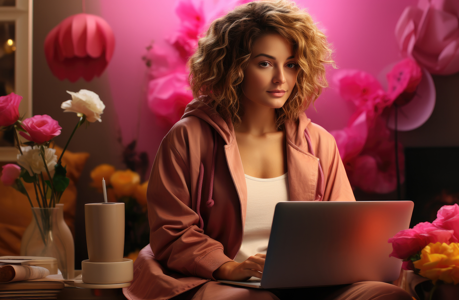 Studentka UŁ z laptopem korzystająca z platformy USOS UŁ